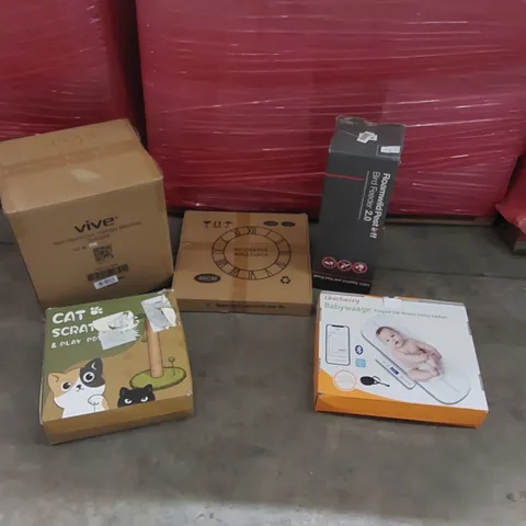 PALLET OF ASSORTED ITEMS INCLUDING: BABY SCALE, ICE THERAPY MACHINE, CAT SCRATCH POST, DECORATIVE WALL CLOCK, BIRD FEEDER ECT