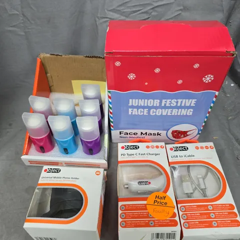 APPROXIMATELY 15 ASSORTED HOUSEHOLD/ELECTRICAL PRODUCTS TO INCLUDE CHARGERS, FACE COVERINGS, MINI FAN ETC 