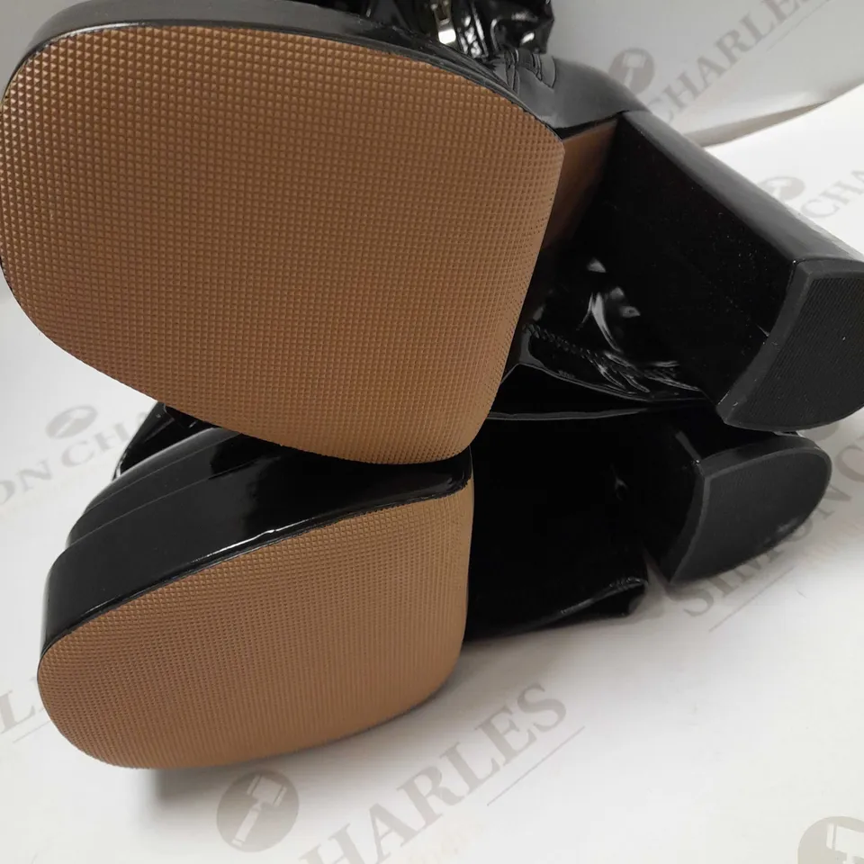 KOI BLACK PATENT HEELED OVER THE KNEE HIGH BOOTS - SIZE 7