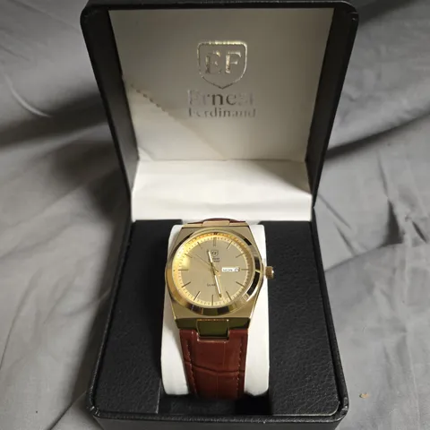 ERNEST FERDINAND GOLD TONE DIAL LEATHER STRAP WATCH 