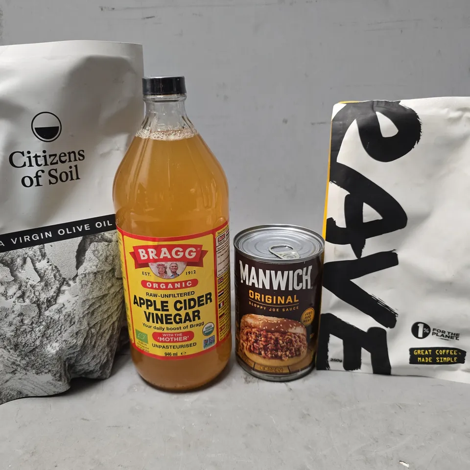 APPROXIMATELY 5 ASSORTED FOOD ITEMS TO INCLUDE - CITIZENS VIRGIN OLIVE OIL , APPLE CIDER VINEGAR ETC