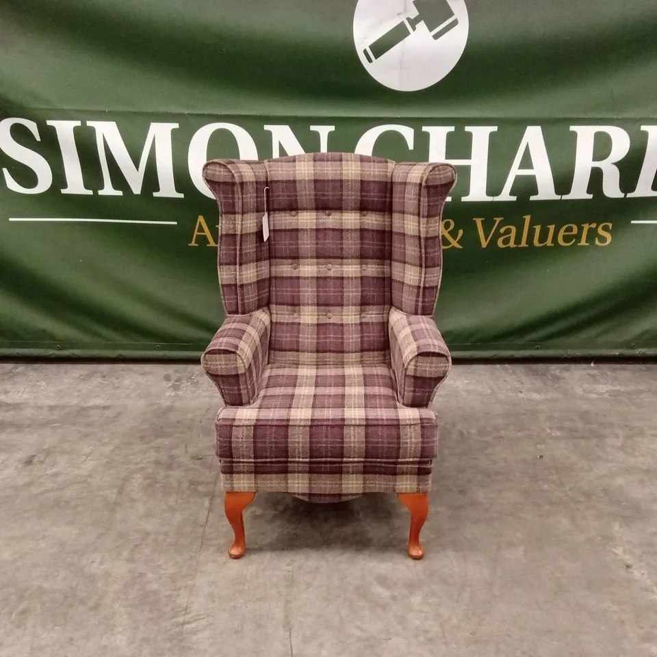 QUALITY DESIGNER CHICHESTER WINGED & BUTTONED HIGH-BACK FABRIC CHAIR