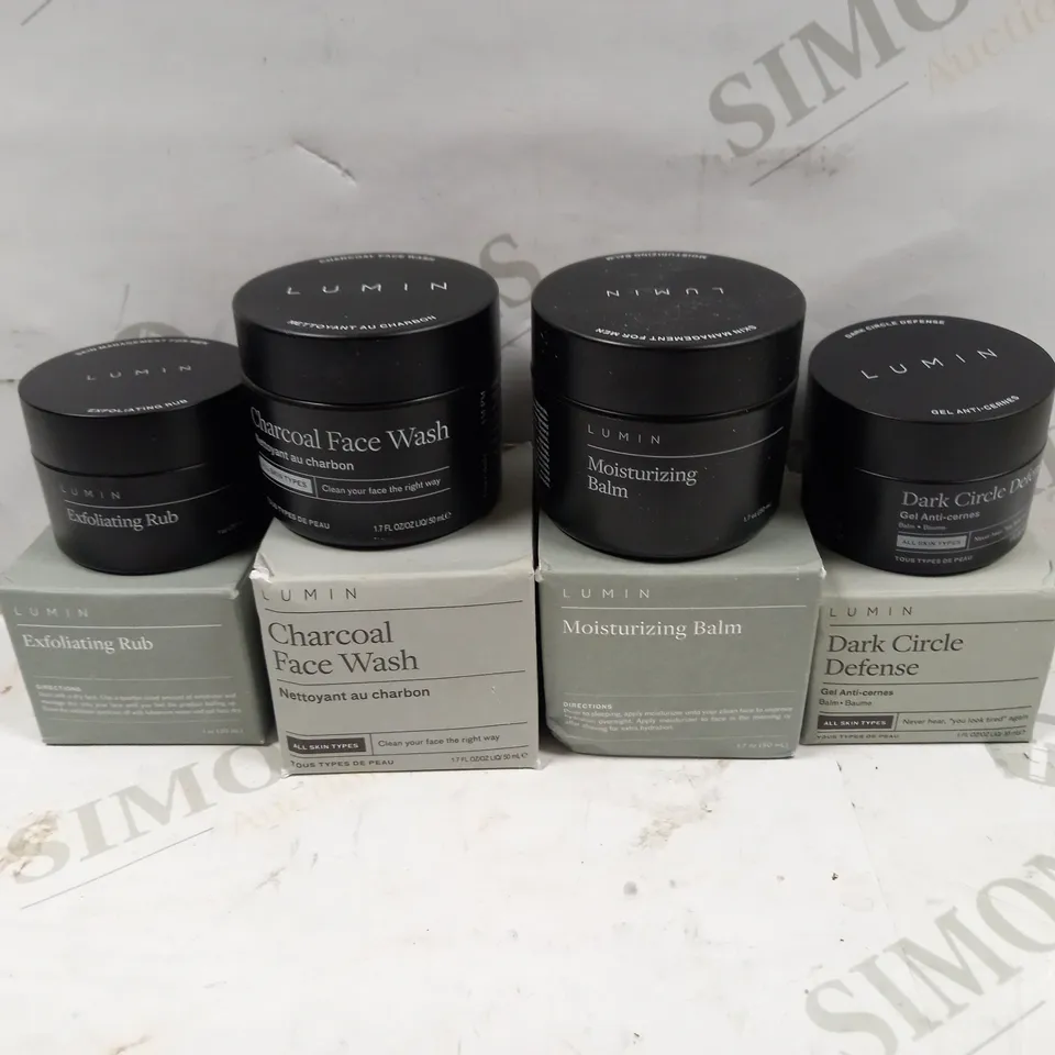 LOT OF 4 LUMIN PRODUCTS TO INCLUDE CHARCOAL FACE WASH, MOISTURIZING BALM, DRAK CIRCLE DEFENCE, EXFOLIATING RUB