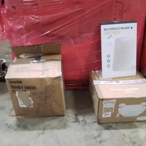 PALLET OF ASSORTED HOUSEHOLD GOODS AND PRODUCTS TO INCLUDE;BABY HIGHCHAIR,BOOSTER SEAT,CHOPPING BOARD 
