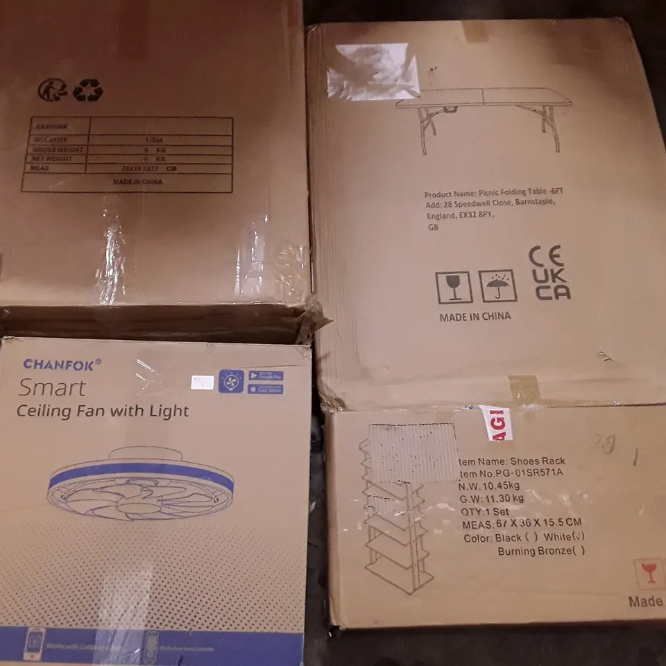 PALLET OF ASSORTED PRODUCTS INCLUDING PICNIC FOLDING TABLE, SHOE RACK, CEILING FAN WITH LIGHT, ARMCHAIR