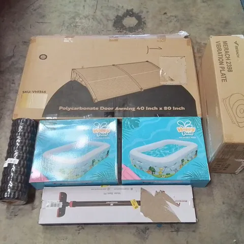 PALLET OF ASSORTED HOUSEHOLD GOODS AND PRODUCTS TO INCLUDE; INFLATABLE SWIMMING POOLS, DOORWAY CHIN-UP BAR, DOOR AWNING ETC