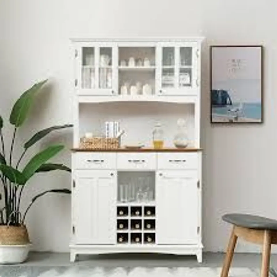 BOXED COSTWAY BUFFET AND HUTCH KITCHEN STORAGE CABINET CUPBOARD W/ WINE RACK & DRAWERS WHITE (1 BOX)