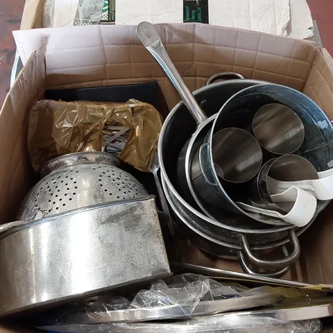 BOX OF ASSORTED CATERING SUPPLIES INCLUDING; POTS, PANS, CUTLERY ECT.
