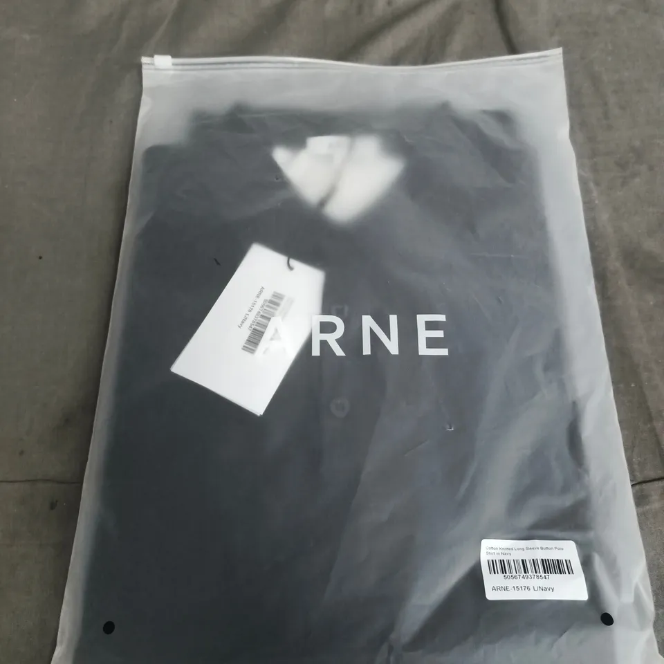 ARNE COTTON KNITTED LONG SLEEVE BUTTON POLO SHIRT – NAVY – SIZE L