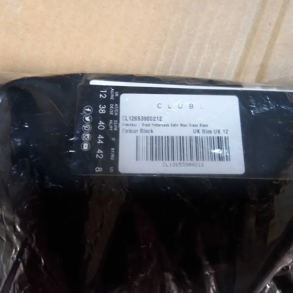 PACKAGED CLUB L BLACK HALTER NECK SATIN MAXI DRESS - SIZE 12
