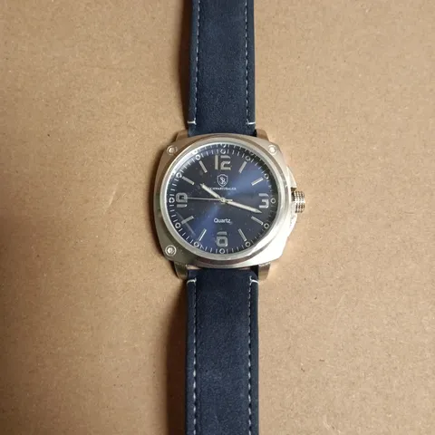 BOXED SCHWARTZBAUER STAINLESS STEEL QUARTZ WRISTWATCH – BLUE DIAL, NAVY LEATHER STRAP