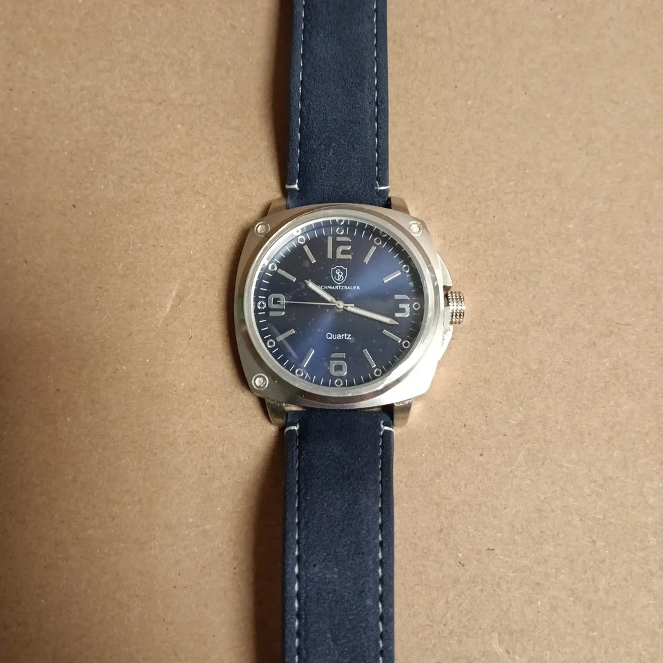 BOXED SCHWARTZBAUER STAINLESS STEEL QUARTZ WRISTWATCH – BLUE DIAL, NAVY LEATHER STRAP