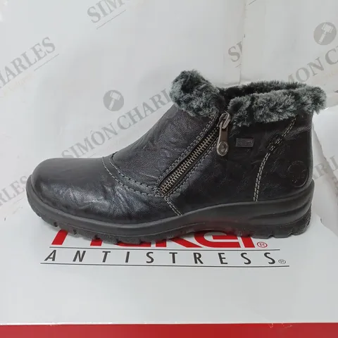 BOXED RIEKER ANKLE BOOTS WITH FUR CUFF, BLACK - SIZE 6