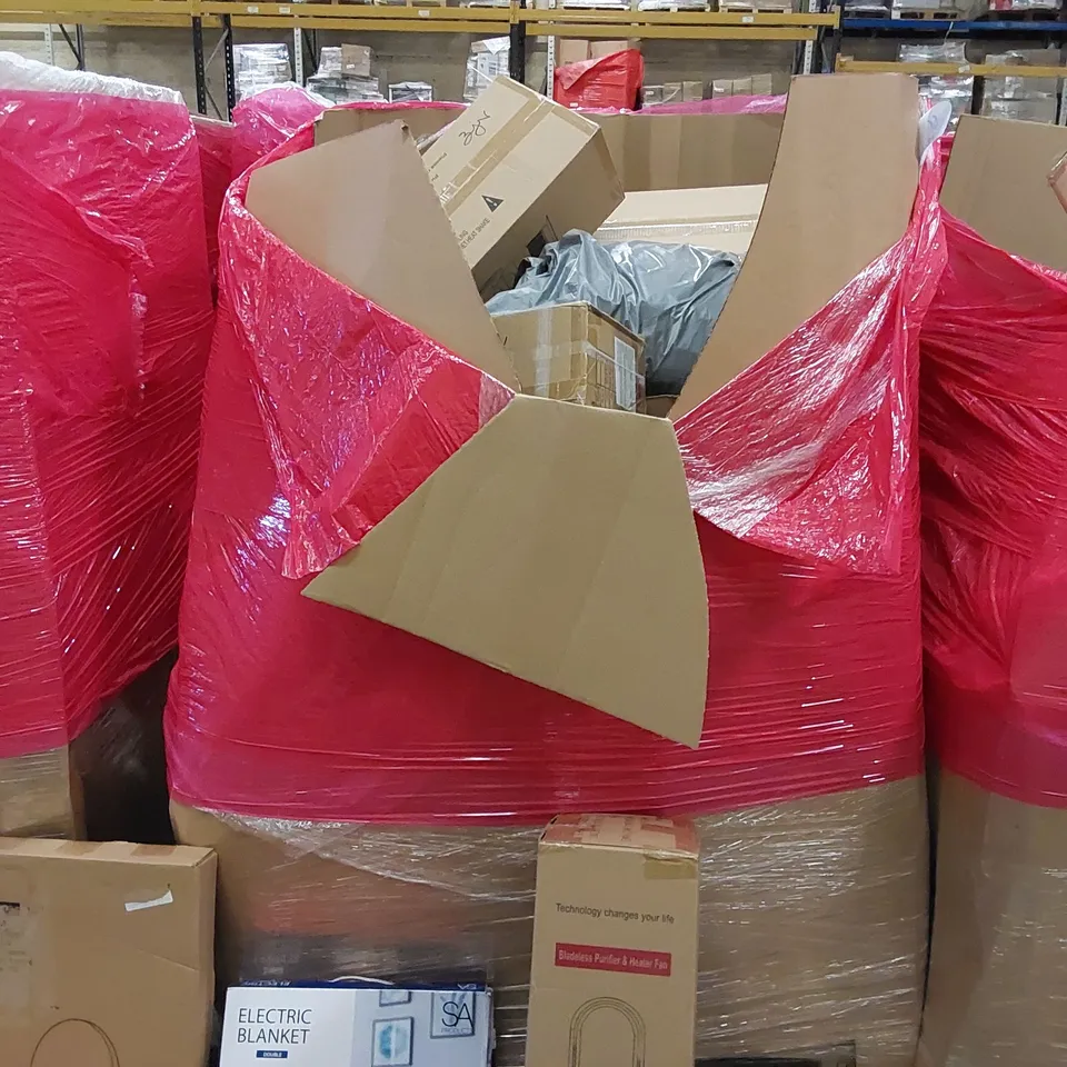PALLET OF ASSORTED ITEMS INCLUDING: BLADELESS PURIFIER & HEATER FAN, ELECTRIC BLANKET, SHELF, DIY CARPET GRIPPER, TOILET SEAT 
