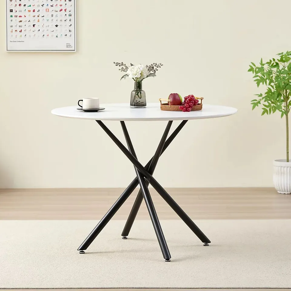 BOXED SEATTLE CIRCLE STONE WHITE CONCRETE DINING TABLE WITH STARBURST BLACK LEGS (2 BOXES)