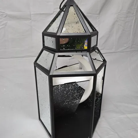 MERCURY GLASS LARGE LANTERN WITH LED LIGHTS – BLACK METAL FRAME