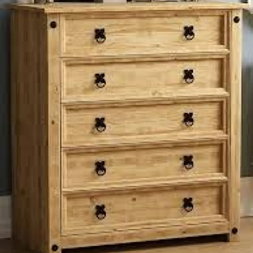 BOXED VIDA DESIGNS CORONA RUSTIC SOLID PINE 5 DRAWER CHEST (1 BOX)