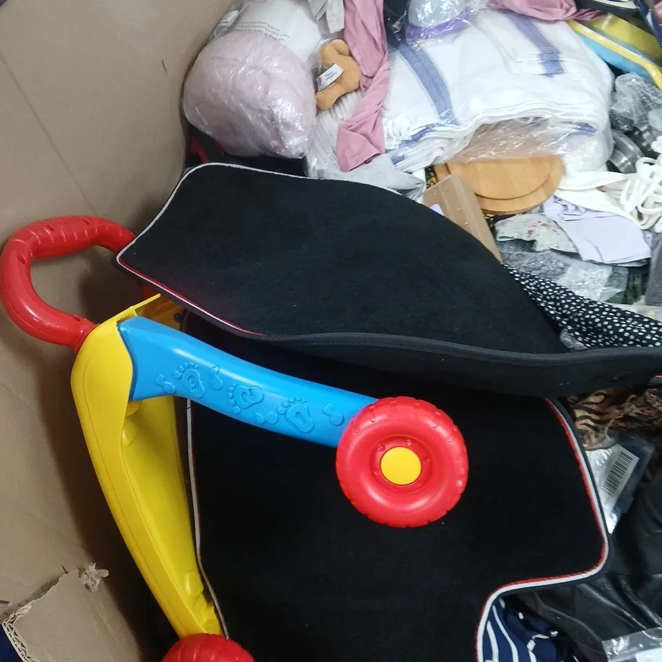 PALLET OF MIXED PRODUCTS INCLUDING METAL PARTS, CLOTHING, UMBRELLA ETC.