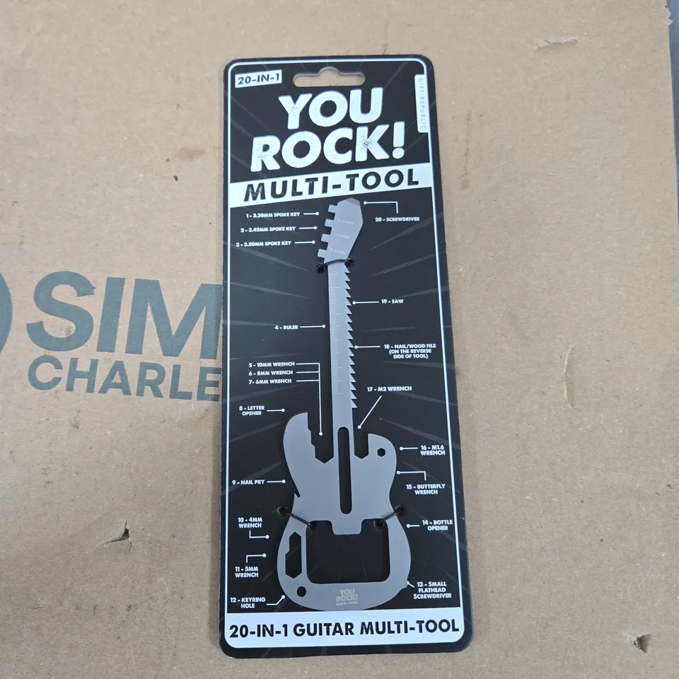 TOTE OF APPROXIMATELY 20 ASSORTED ITEMS TO INCLUDE: GUITAR SHAPED MULTI TOOL
