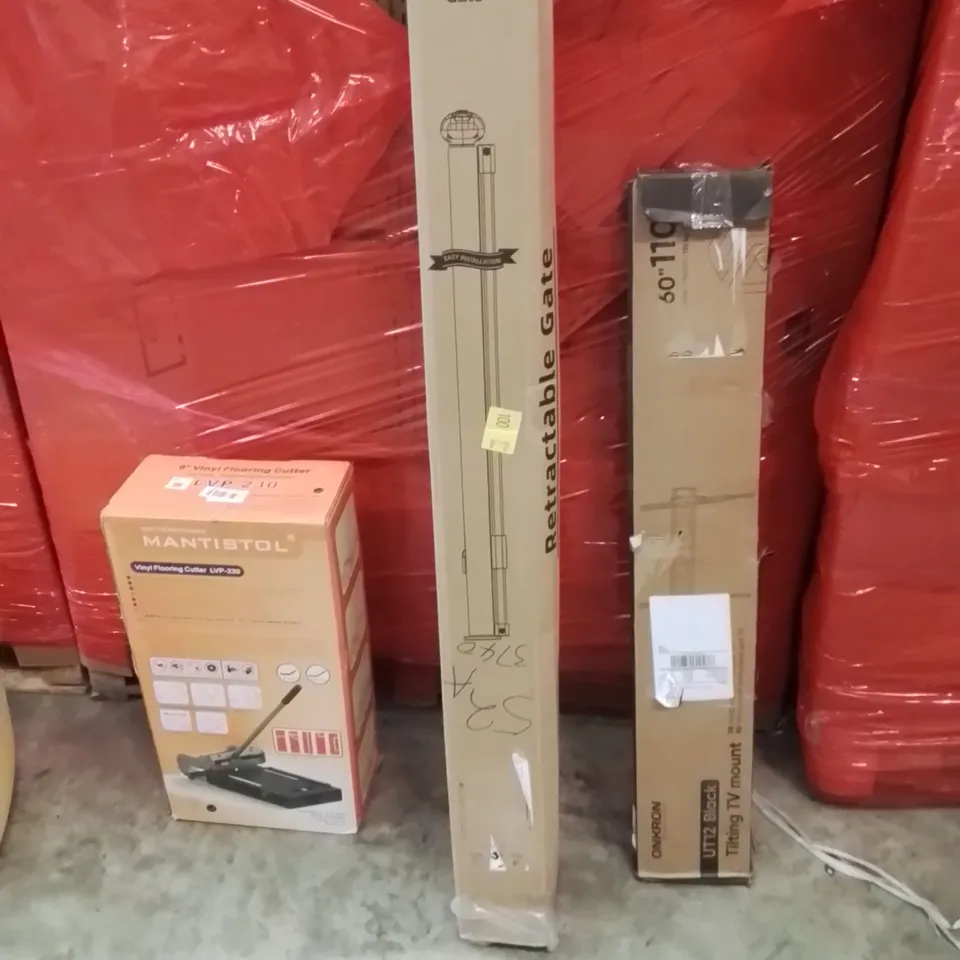 PALLET OF ASSORTED HOUSEHOLD GOODS AND PRODUCTS TO INCLUDE;FLOOR CUTTER,RETRACTABLE GATE,TILTING TV MOUNT