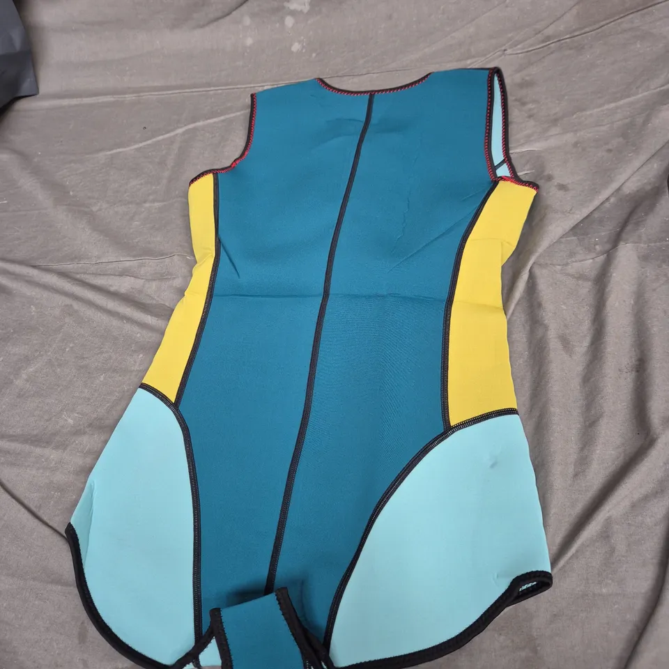 SEAL WETSUIT VEST – SLEEVELESS, FRONT ZIP, BLUE/TEAL WITH YELLOW PANELS