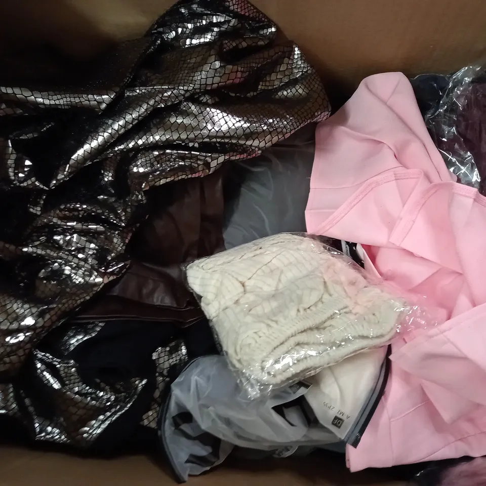 BOX OF ASSORTED CLOTHING ITEMS TOO INCLUDE JUMPERS, SHIRTS AND TROUSERS IN VARIOUS SIZES AND COLOURS   