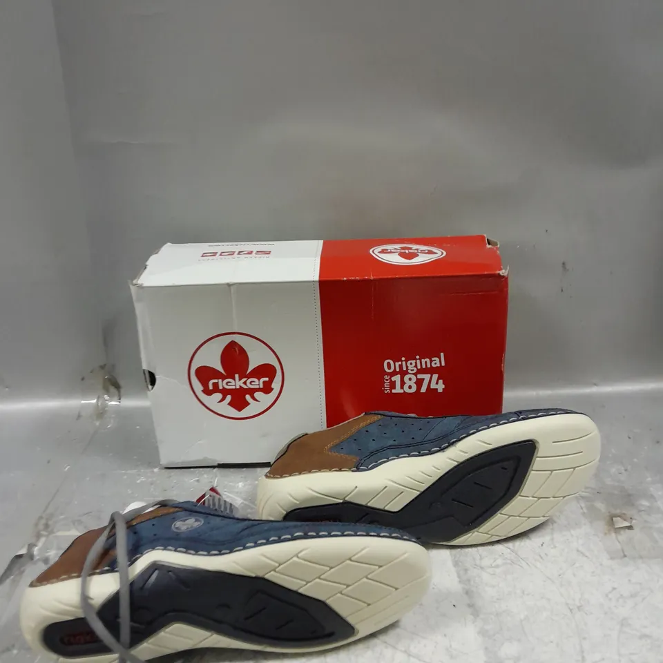 BOXED PAIR OF RIEKER BLUE/BROWN LACE UP TRAINER UK 9