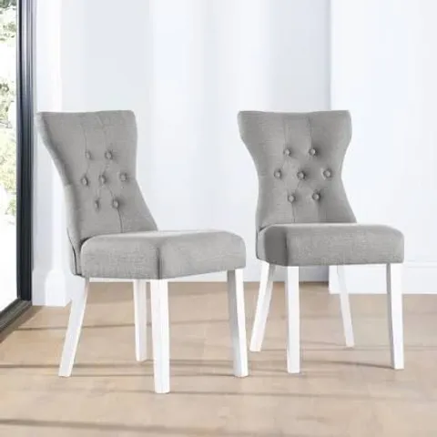 BOXED SET OF 2 REGENT LIGHT GREY FABRIC BUTTON BACK DINING CHAIRS (WHITE LEG)