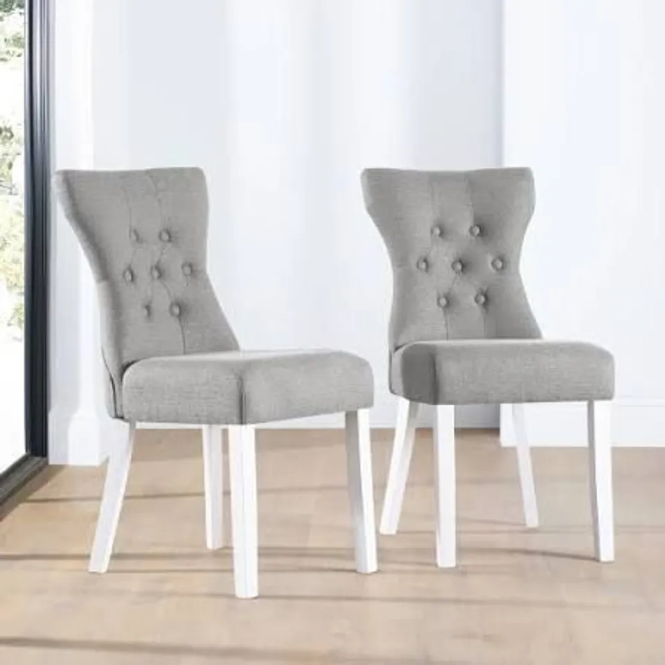 BOXED SET OF 2 REGENT LIGHT GREY FABRIC BUTTON BACK DINING CHAIRS (WHITE LEG)