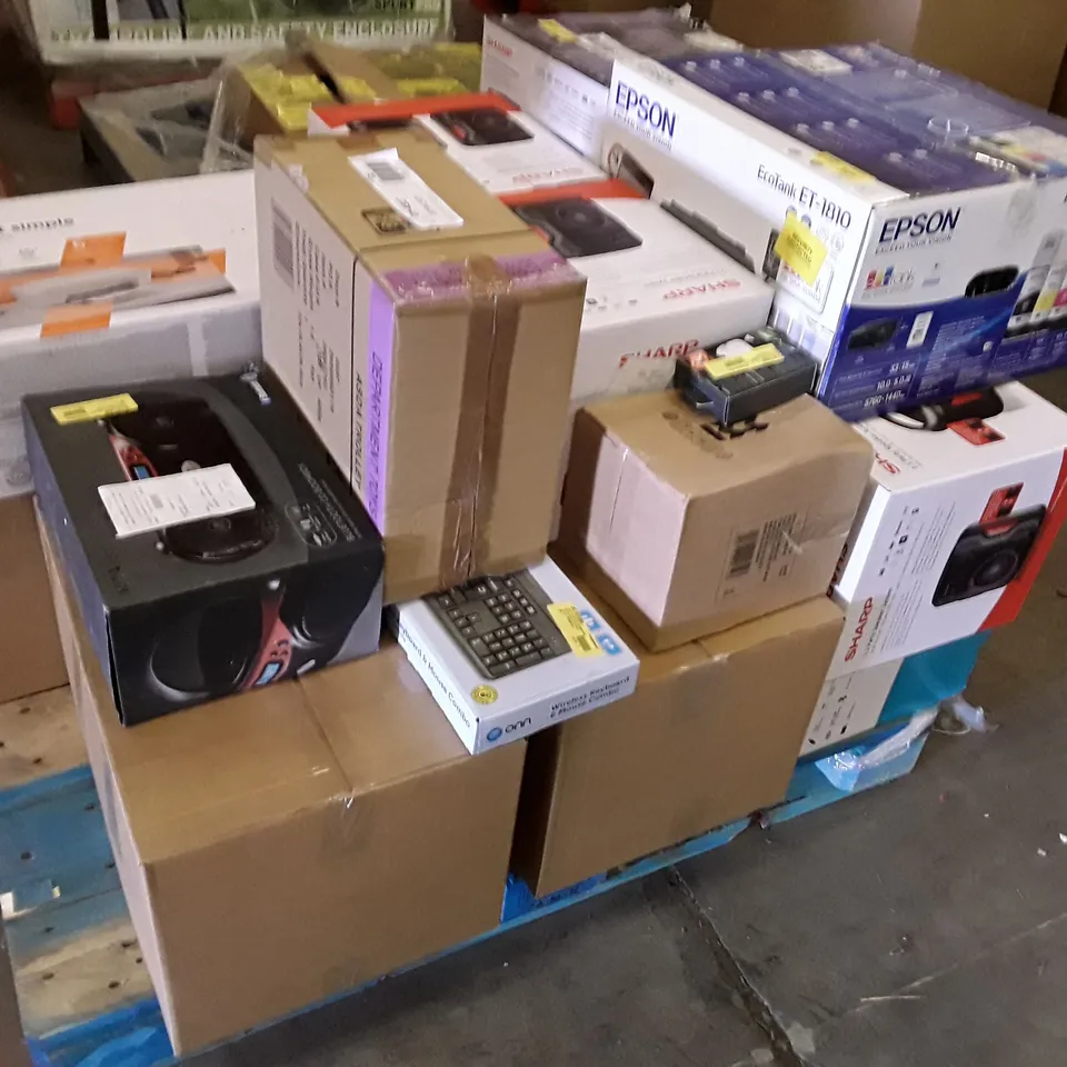 PALLET OF ASSORTED ELECTRONIC PRODUCTS INCLUDING PRINTERS, KEYBOARD, PARTY SPEAKER SYSTEM, CD BOOMBOX