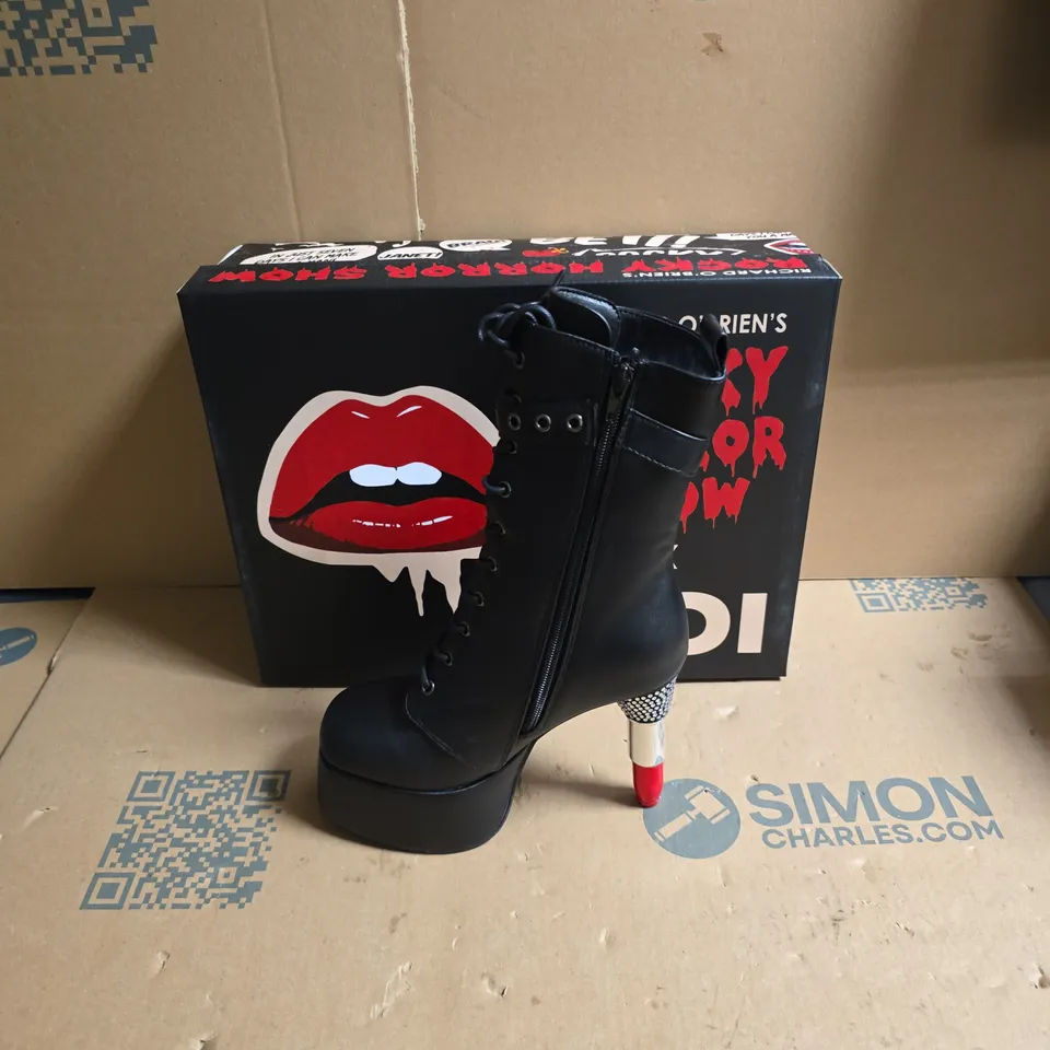 KOI ROCKY HORROR SHOW THRILL ME LIPSTICK HEELED BOOTS - BLACK - UK SIZE 4 