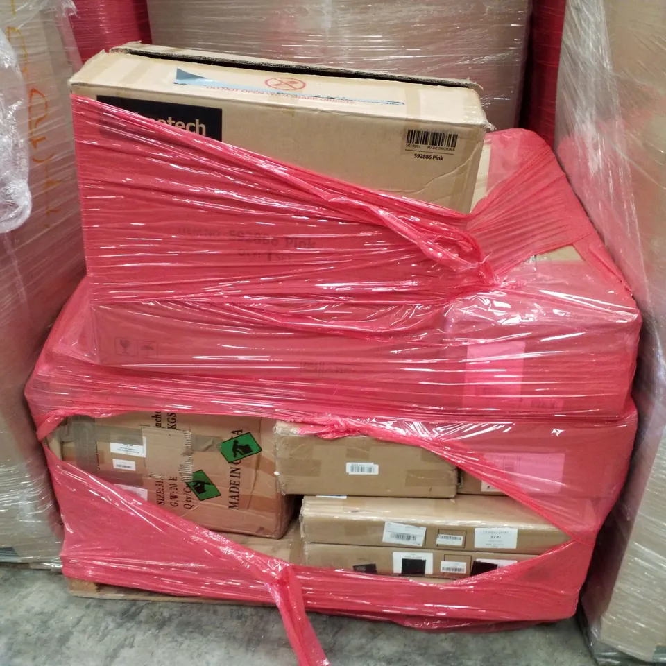 PALLET CONTAINING ASSORTED PRODUCTS INCLUDING PINK OFFICE CHAIR & COMPUTER DESKS