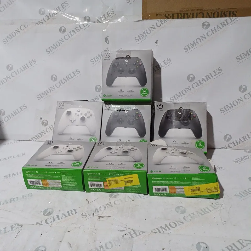 BOX OF 7 ASSORTED BOXED POWER A XBOX ONE WIRED CONTROLLERS IN VARIOUS COLOURS