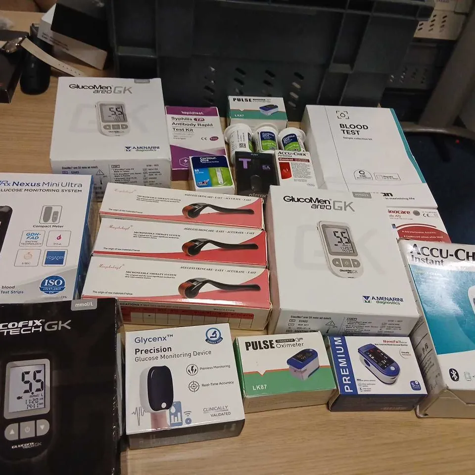 ASSORTED HEALTH PRODUCTS TO INCLUDE; ASSORTED GLUCOSE METERS, TESTING STRIPS AND ACCESSORIES