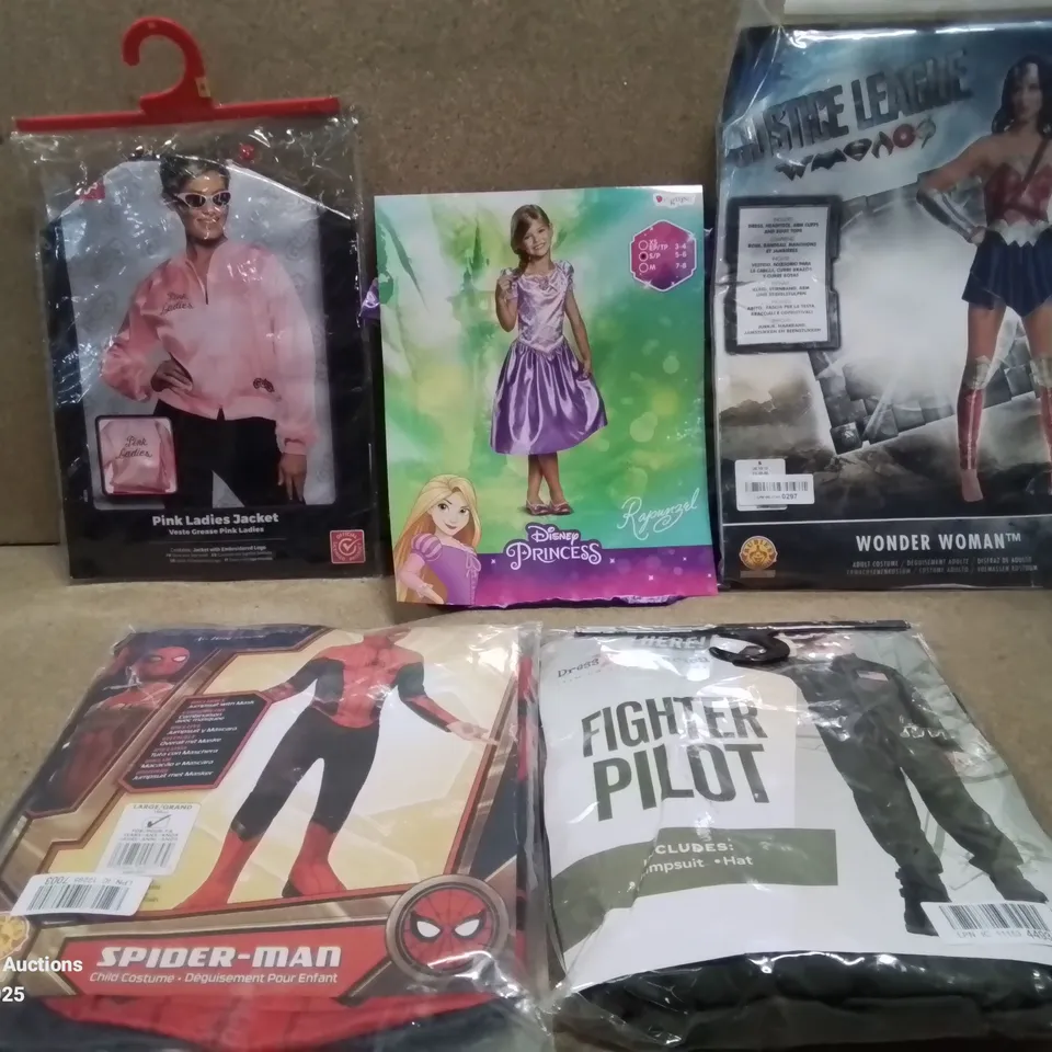 BOX TO CONTAIN ASSORTMENT OF ADULT AND CHILDREN COSTUMES; SPIDERMAN. FIGHTER PILOT, GREASE PINK JACKET ETC