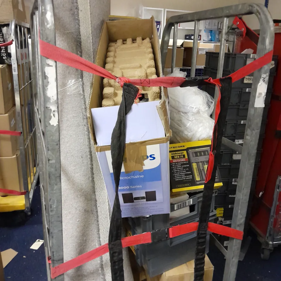 CAGE OF APPROXIMATELY 20 ASSORTED PRODUCTS TO INCLUDE PHILIPS MICRO MUSIC SYSTEM, WATERPROOF FOLDING GAZEBO, RUG, PAIR OF KOI MILITARY BOOTS, ASDA WIRELESS KEYBOARD & MOUSE COMBO