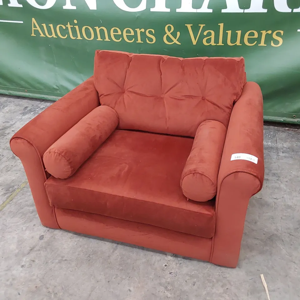 QUALITY BRITISH DESIGNER LOUNGE Co. SNUGGLER CHAIR WITH ROLL BOLSTER CUSHIONS BURN ORANGE PLUSH FABRIC 