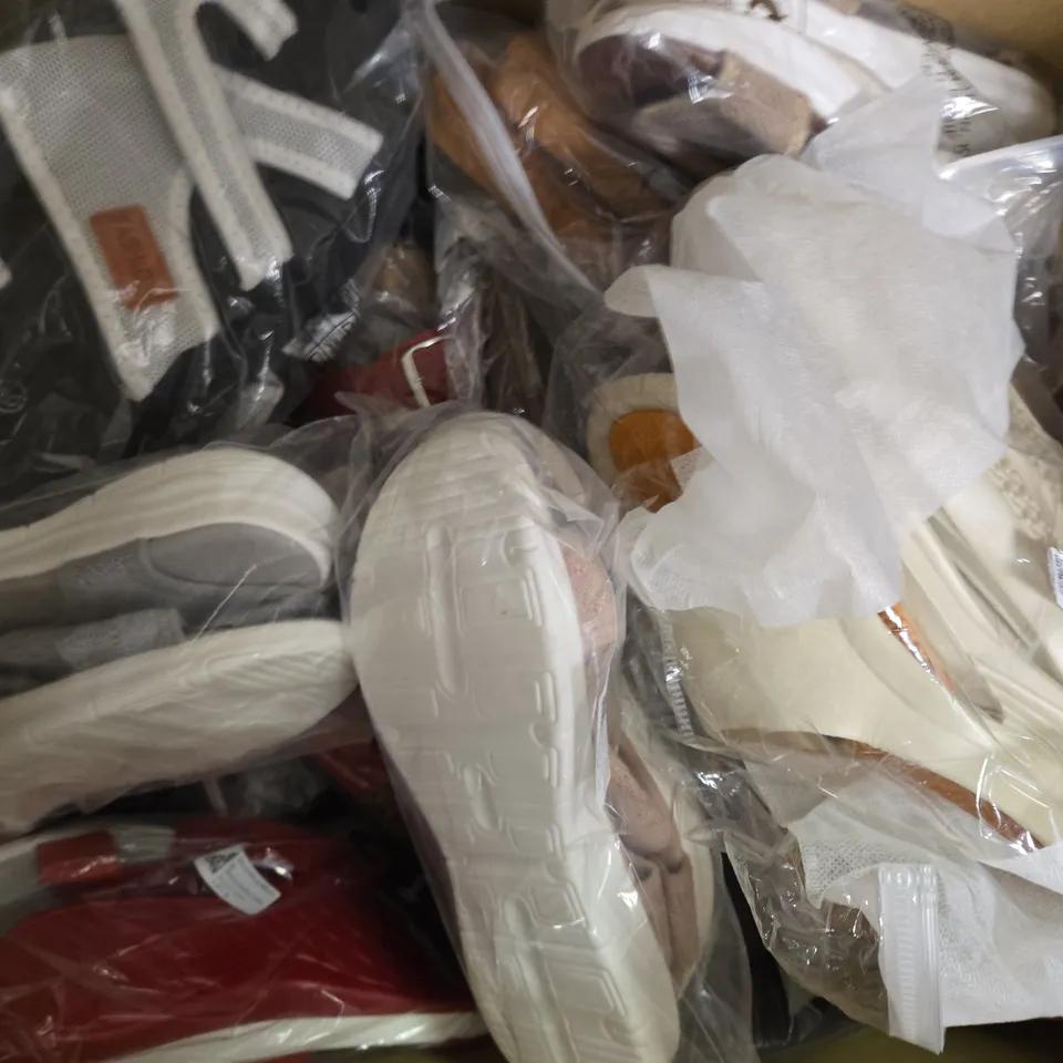BOX OF APPROXIMATELY 15 ASSORTED PAIRS OF SHOES AND FOOTWEAR ITEMS IN VARIOUS COLOURS, STYLES, AND SIZES - COLLECTION ONLY