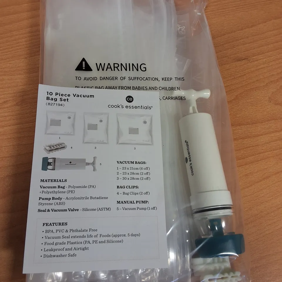 LOT OF 24 10-PIECE BOXES OF COOKS'S ESSENTIALS VACUUM BAG SETS