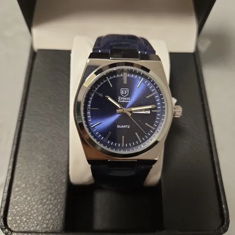 BOXED ERNEST FERDINAND MENS BLUE DIAL LEATHER STRAP WATCH