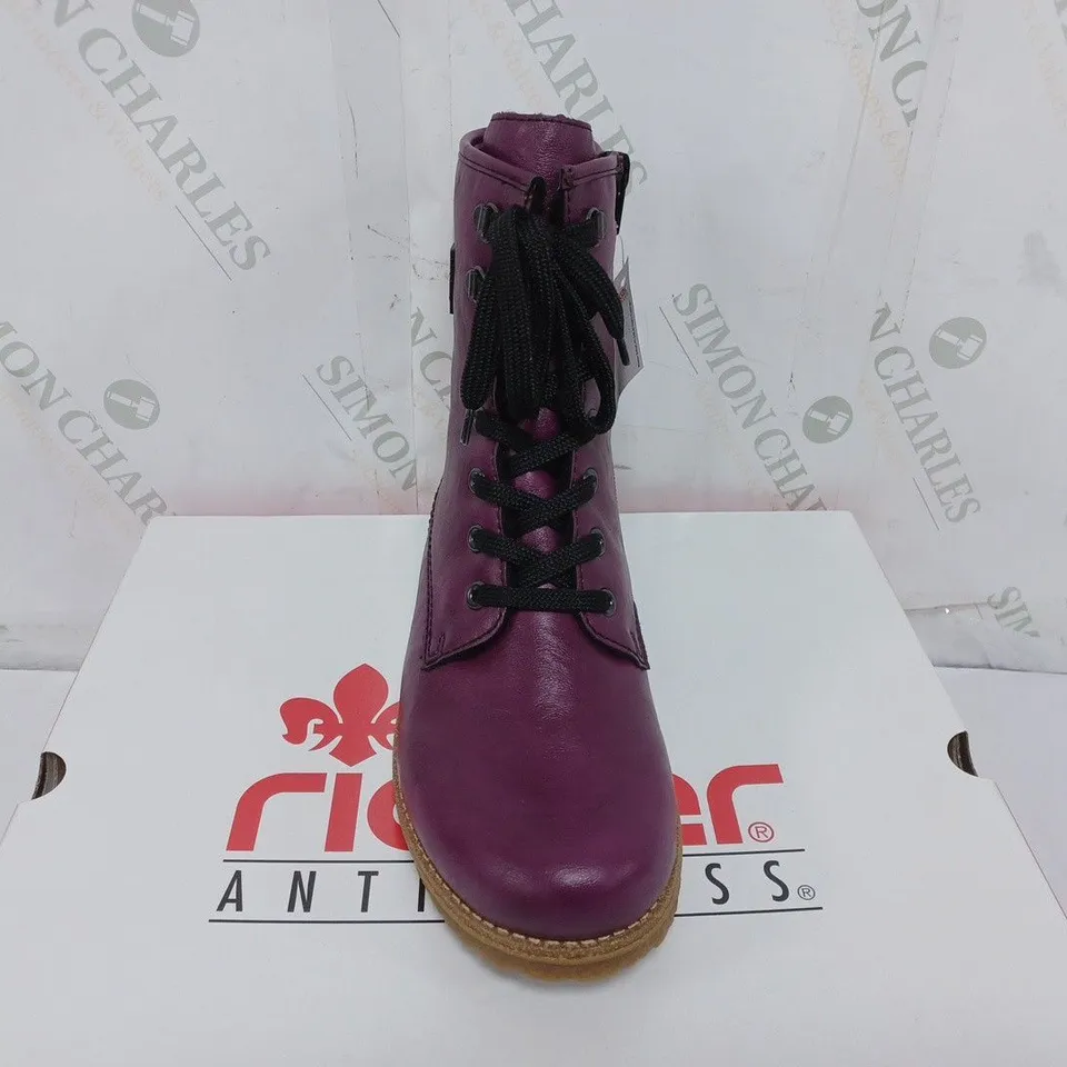 BOXED PAIR OF RIEKER LACE UP BOOTS IN PURPLE SIZE 5