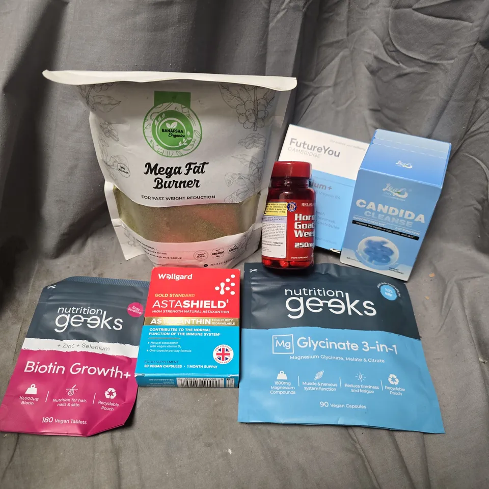 APPROXIMATELY 15 ASSORTED VITAMIN/HEALTH AID PRODUCTS TO INCLUDE NUTRITION GEEK BIOTIN GROWTH, MEGA FAT BURNER, CANDIDA CLEANSE , ETC - COLLECTION ONLY