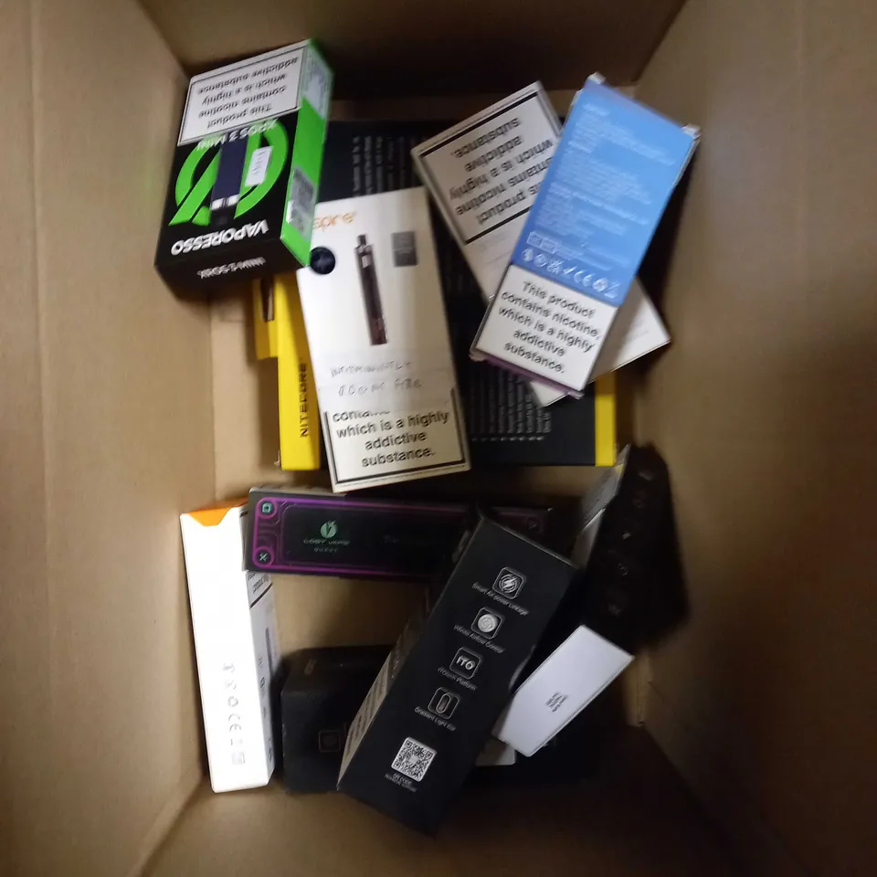 BOX OF APPROXIMATELY 10 ASSORTED E-CIGARATTES TO INCLUDE VAPORESSO, VOOPOO, ASPIRE ETC