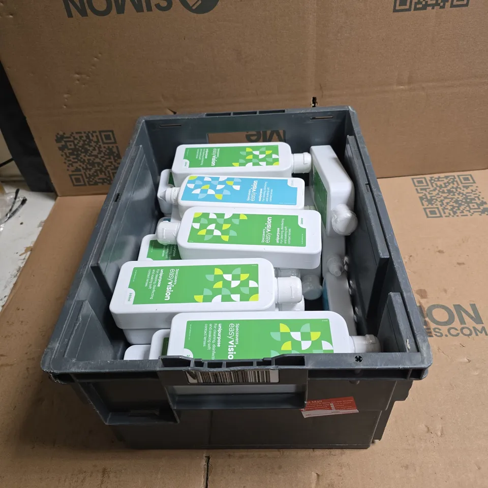 TOTE OF APPROXIMATELY 25 ASSORTED CONTACT LENS CLEANING PRODUCTS 