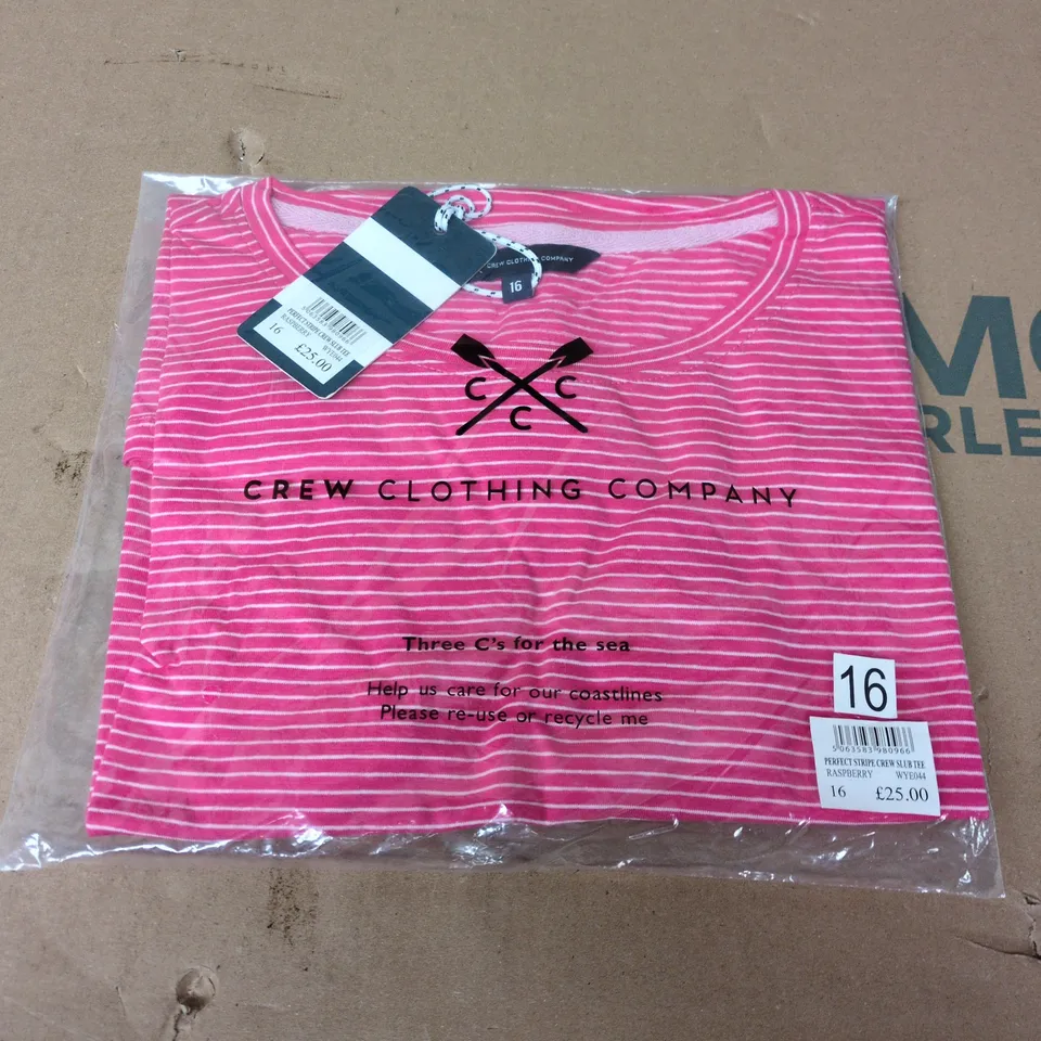 BAGGED CREW CLOTHING COMPANY PERFECT STRIPE CREW CLUB TEE IN RASPBERRY - SIZE 16