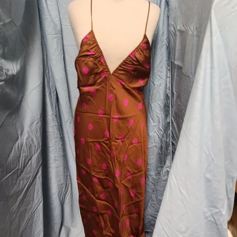 & OTHER STORIES SATIN DRESS – BROWN WITH PINK DOTS, UK 14 (EU 42)