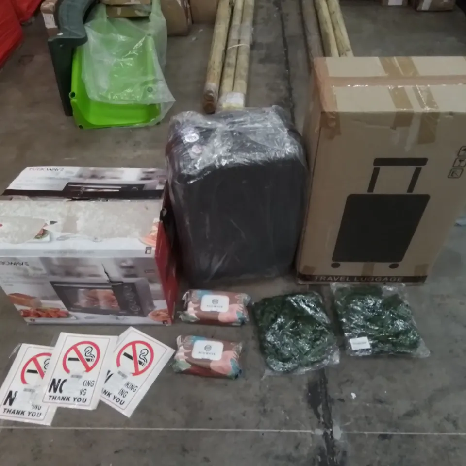 PALLET CONTAINING ASSORTED HOUSEHOLD & HOME IMPROVEMENT PRODUCTS. INCLUDES NO SMOKING SIGNS, TRAVEL SUITCASES, ELECTRIC OVEN & GRILL, DECOR ETC