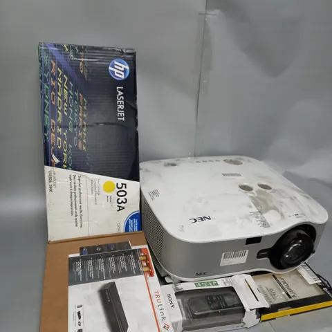 LARGE BOX OF ASSORTED ELECTRICAL ITEMS TOO INCLUDE PROJECTORS , LASER JETS AND MONITOR SPLITTERS , ETC - COLLECTION ONLY