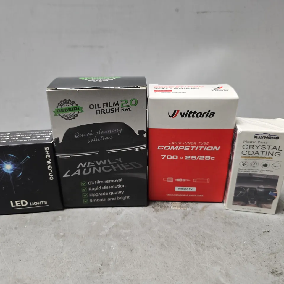 APPROXIMATELY 8 ASSORTED ITEMS TO INCLUDE - CRYSTAL COATING , VITTORIA COMPETITION LATEX INNER TUBE , OIL FILM 2.0 BRUSH ETC