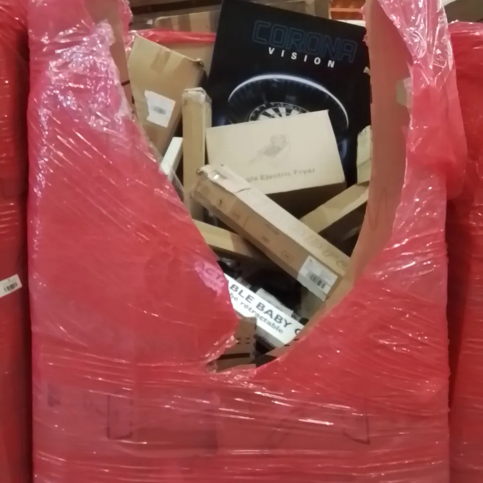 PALLET CONTAINING VARIOUS ASSORTED BOXED HOUSEHOLD ITEMS TO INCLUDE: SINGLE ELECTRIC FRYER, RETRACTABLE SAFETY GATE, DART BOARD AND LOTS MORE UNMARKED BOXED ITEMS 